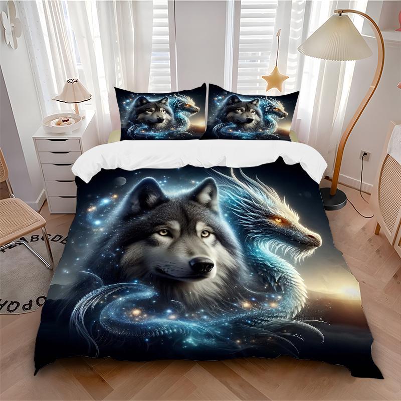 3pcs Galactic Wolf Dragon Print Cover Set Ultra Soft, Breathable, and Comfortable Bedding with Stylish Design for Bedroom and Guest Room Decor
