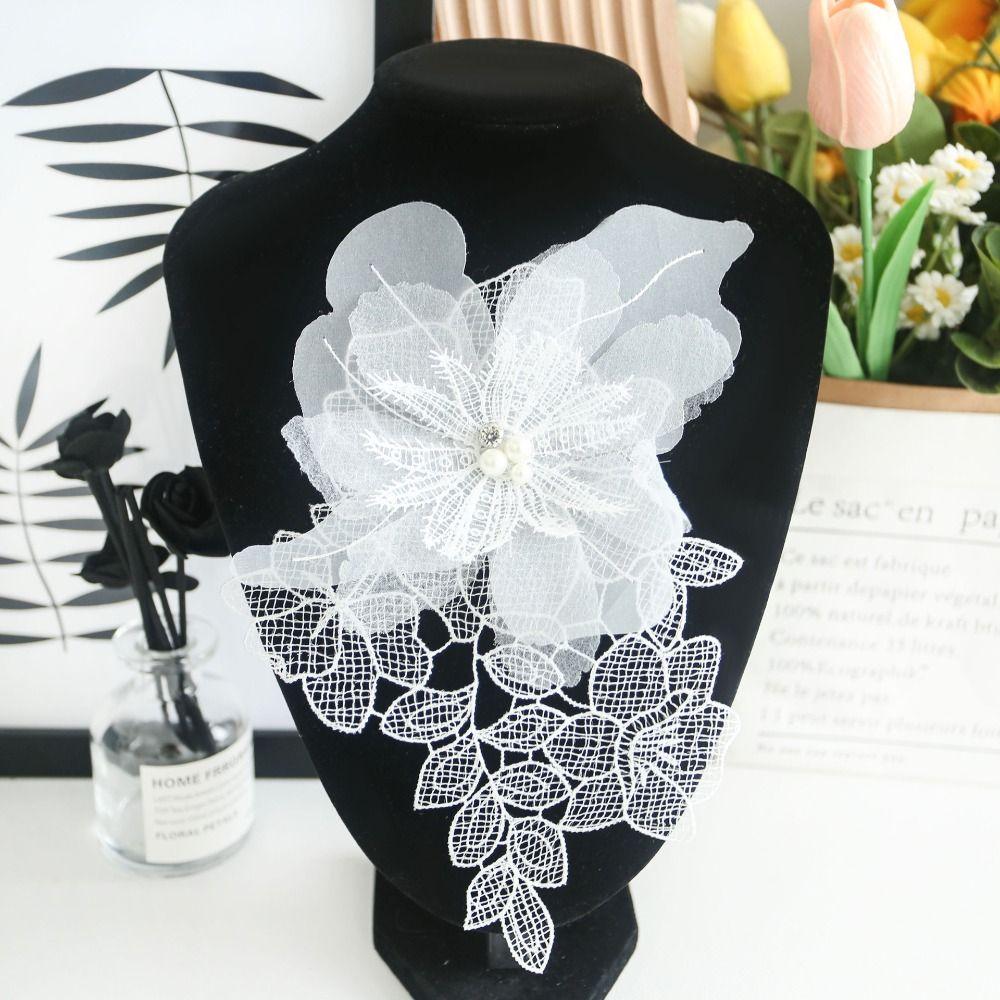 White Mesh Flower Embroidery Patches Pearl Stamen Applique Sequin Embroidery Patches Handmade Fabric Patches Evening Dress