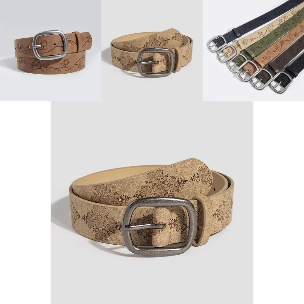 Old Style Embossed Faux Leather Waist Belt With Pin Buckle For Vintage Fashion