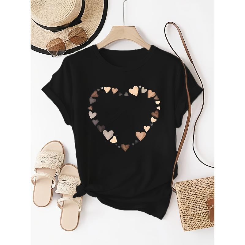 

European Size Women S Casual Short Sleeve T-Shirt with Heart Print, Crew Neck, Medium Stretch - Light Yellow, All-Season Comfort 4XL чорний