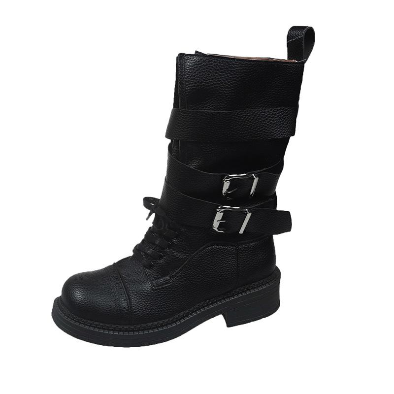 

Round head thick heel belt buckle Martin boots women s 2025 autumn European station new lace-up western cowboy knight boots women 35 чёрный