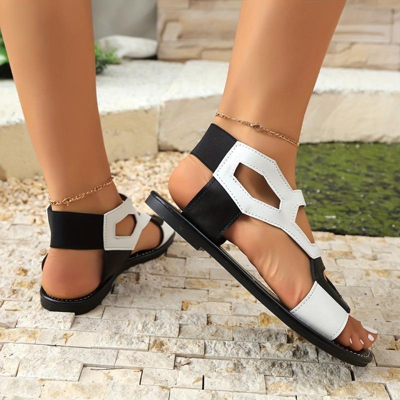 Stylish High-Top Cutout Sandals - Black & White Geometric Design, Faux Cover Upper with Rubber Sole, Easy Slip-On for Casual Parties & Beach Outings