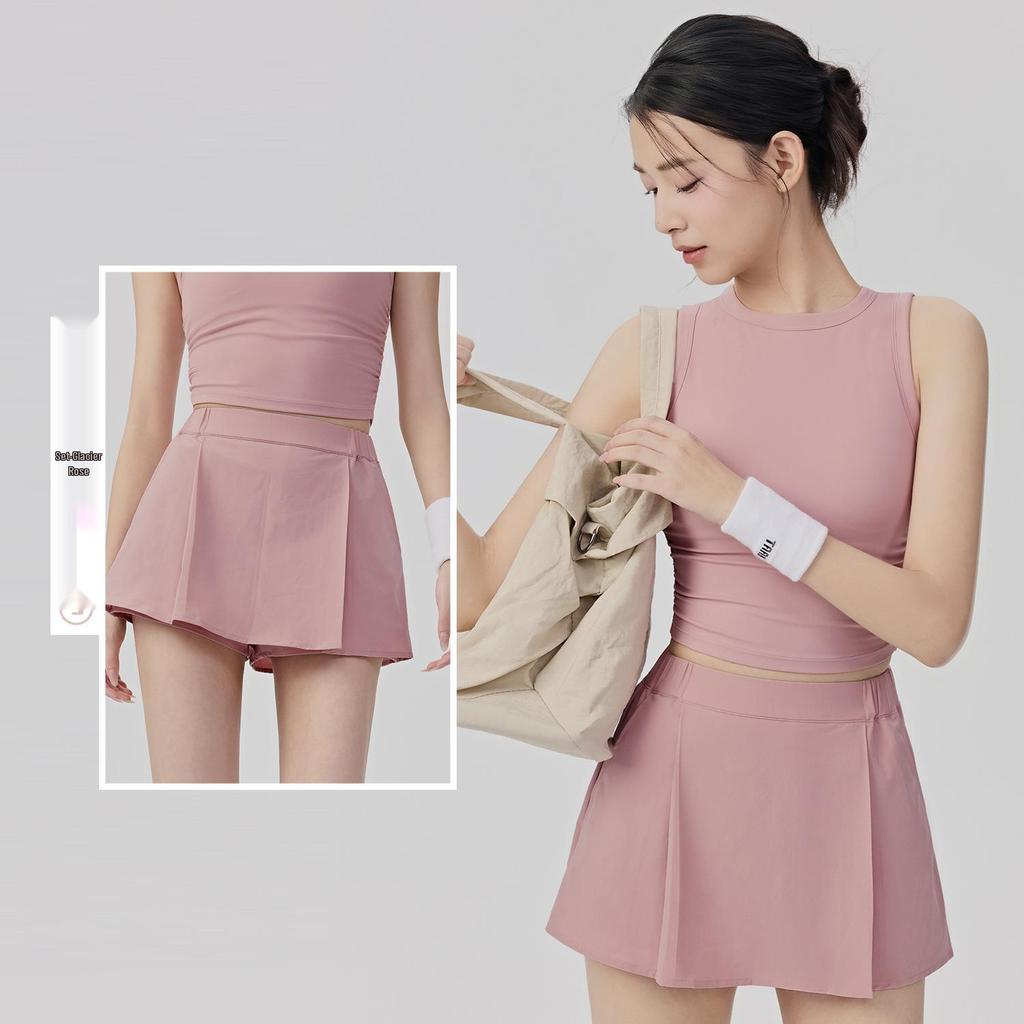 Women's Sportswear Set: Padded Bust Yoga Vest & Loose Casual Anti-exposure Skirt Shorts with Pleated Waistband and Belt