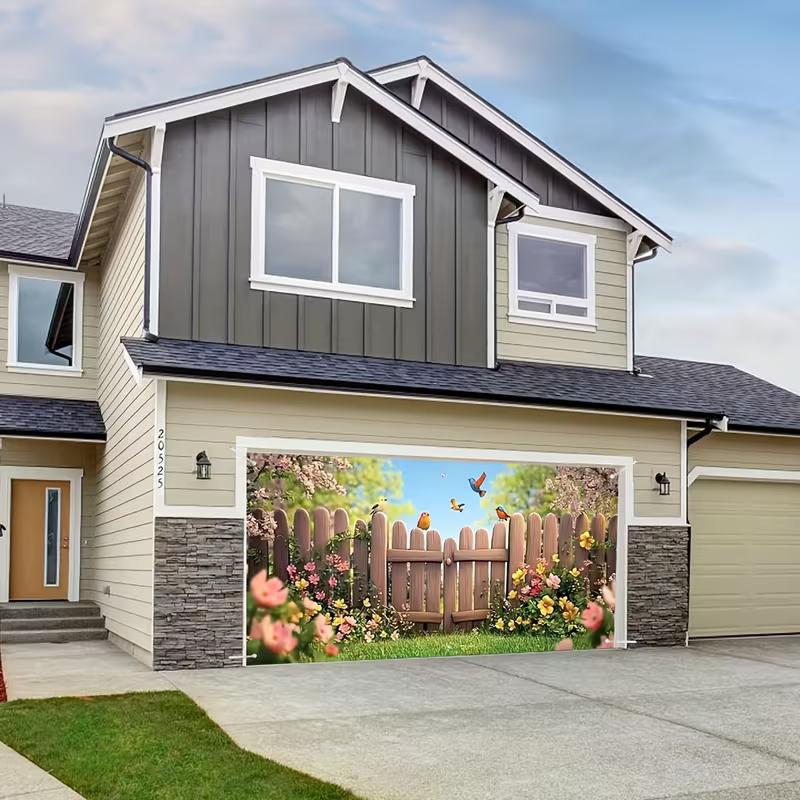 2D Cartoon Bird & Floral Fence Backdrop, Nature Spring Scene Garage Door Cover for Birthday Party Decoration