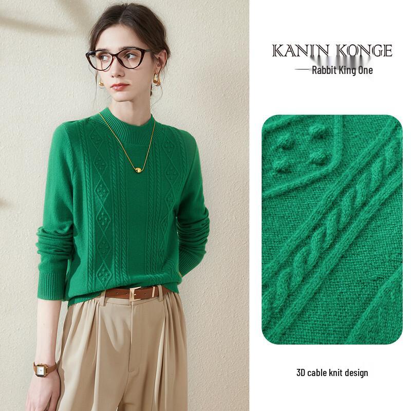 TUHUANG 100% Pure Wool Cable Knit Semi-High Collar Women's Sweater