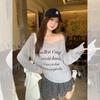 Korean gray single shoulder suspender letter print V-neck long-sleeved T-shirt women's autumn thin micro-transparent unique loose top