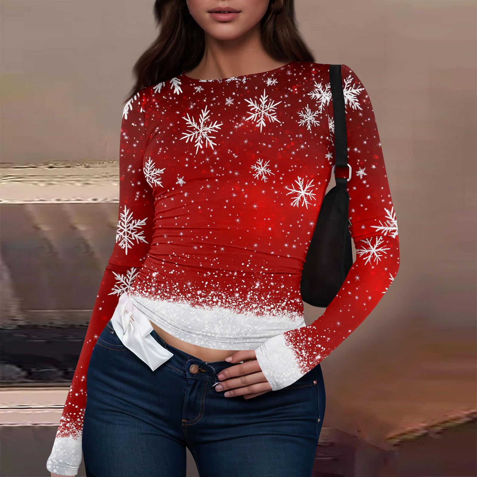 

Женская модная повседневная футболка с круглым вырезом и рождественским принтом с длинным рукавом S