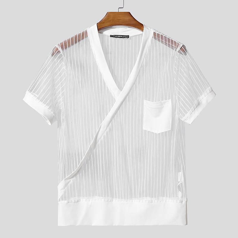 

INCERUN Men V Neck Short Sleeve Mesh Striped Patchwork Sheer Front Cross T-shirts M белый