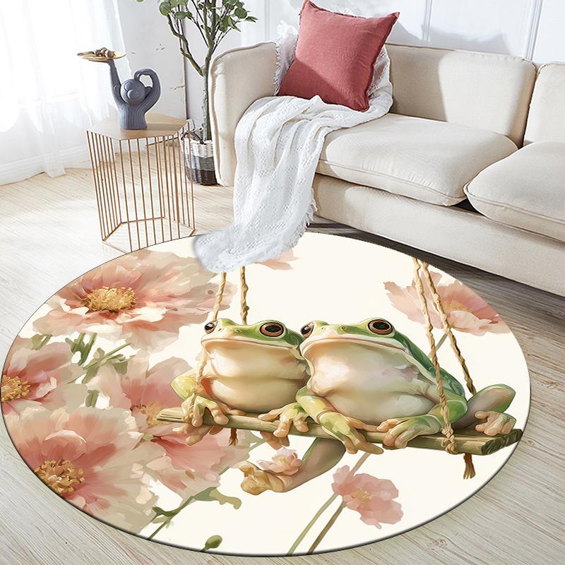 Frog and Fresh Flowers pattern round rug,Carpet Rug for Living Room Bedroom Sofa Playroom Decor,Non-slip Floor Mat,Holiday Gifts and Birthday Gifts