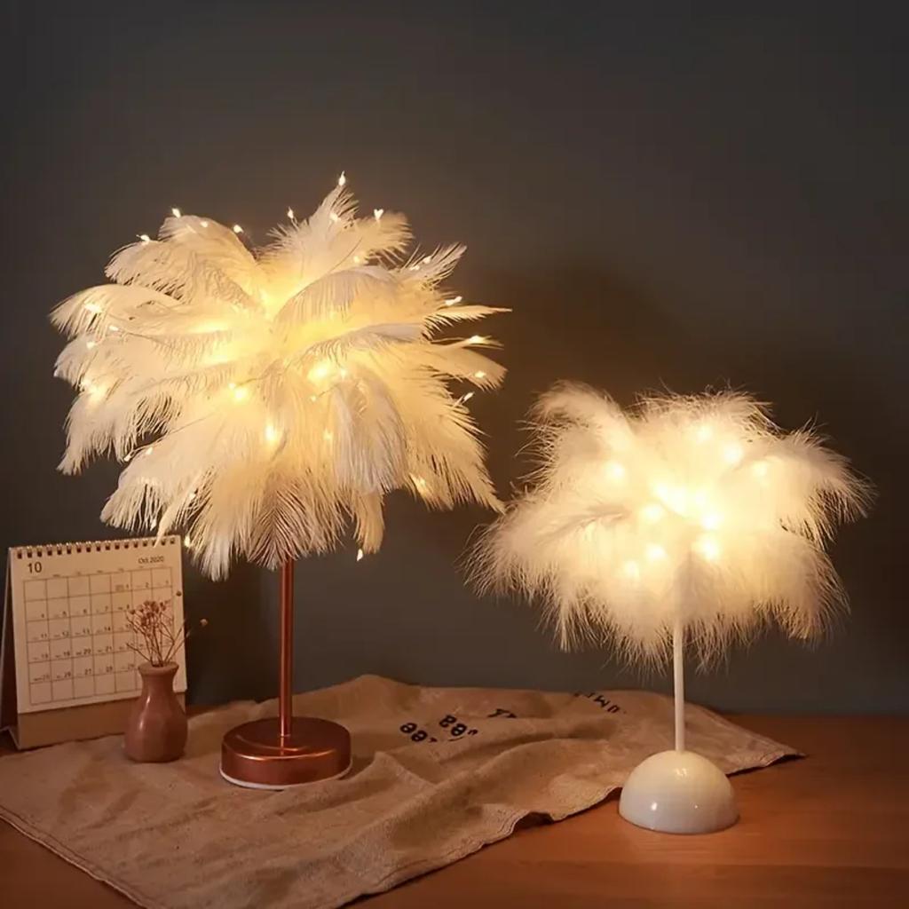 New LED Table Lamp Bedroom Decorative Light Romantic Birthday Light Feather Lamps Dining Table Night Lights (Without Battery)
