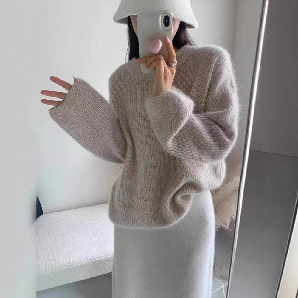 Women's European-Style Red Wool Pullover Sweater, Round Neck, Thickened & Loose, Versatile Base for Autumn/Winter '24.