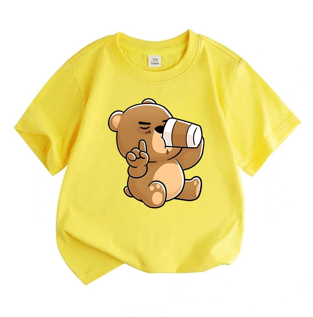Cute Cartoon Bear Telescope Print Kids 100% Cotton T-shirt, Unisex Boys Girls Crew Neck Short Sleeve Casual Soft Breathable Tee Tops for Daily Summer