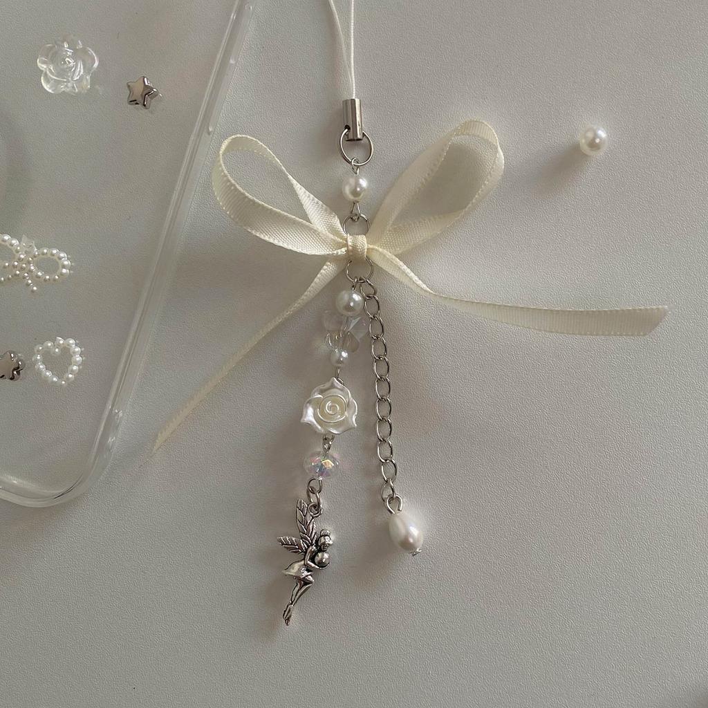 Bowknot Keychain Goth Rose Flower Beaded Phone Lanyard Strap Angel Charm Pendant Phone Chain Antilost for Women Girl