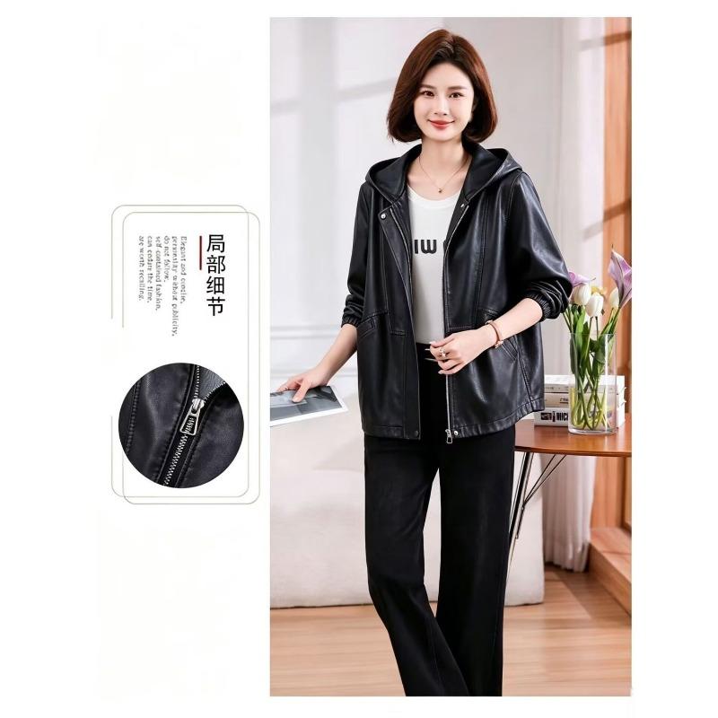 Women's Black Hooded Faux Leather Jacket Loose Fit Long Sleeve Casual Short Outerwear