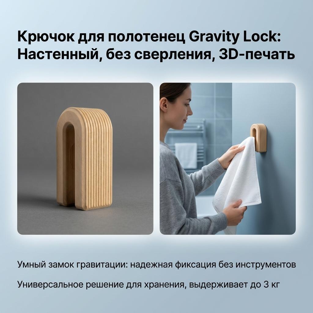 3D Printed Gravity Lock Towel Hook Wall Mounted No Drilling Multipurpose Storage Solution
