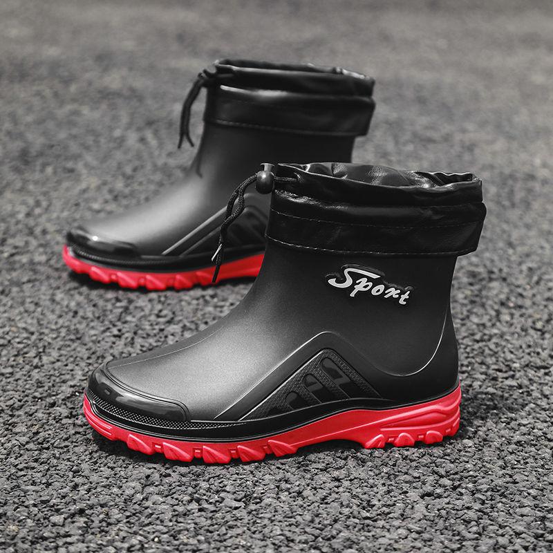 Rain shoes men's fashion short tube non-slip waterproof shoes rubber shoes car wash site wear-resistant water boots velvet warm