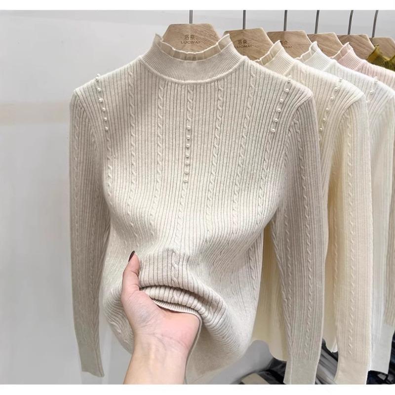 Autumn and winter new semi-turtleneck knitted bottoming shirt top women's twist pearl fashion slim and thin inner sweater