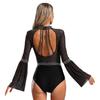 Women's Sheer Mesh Leotard Mock Neck Flare Sleeve Backless with Sparkly Rhinestones Dancewear