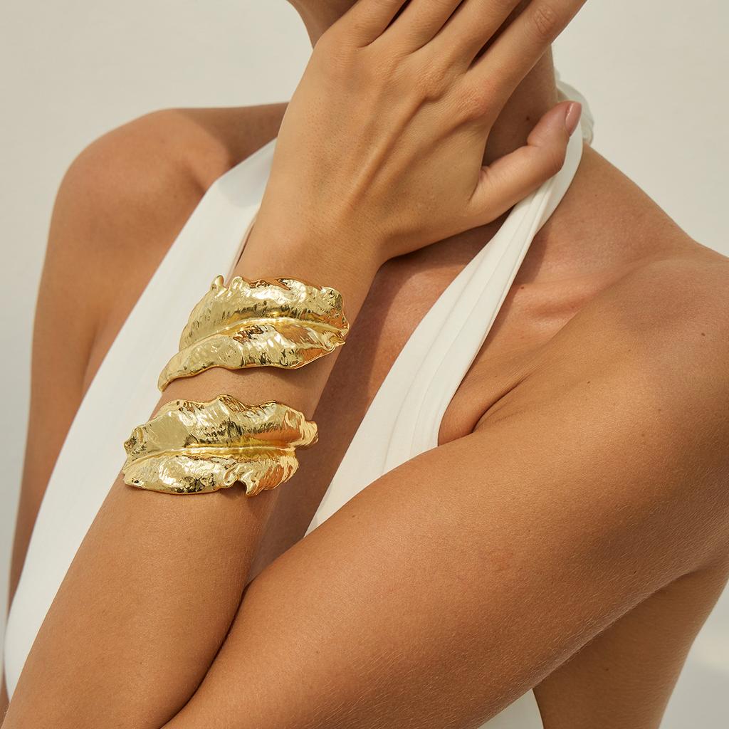 DIEZI Exaggerated  Gold Silver Color Metal Leaves Cuff Bangles for Women Men Punk Geometric Wrap Bangle Bracelet Party Jewelry