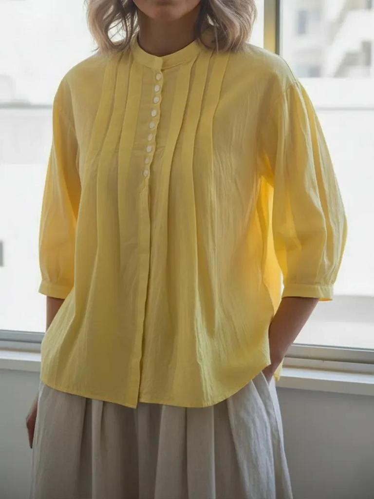2026 Spring/Summer Women's Pure Cotton Pleated Button-Up Shirt - Solid Color, European & American Style