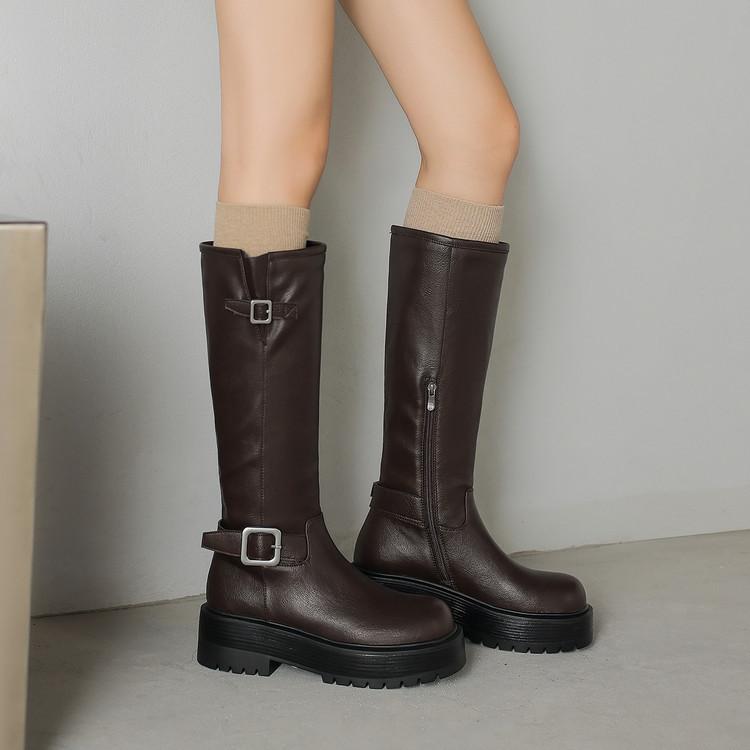 European and American Leather Round Head Thick-soled Knight Boots Foreign Trade New Belt Buckle Muffin Bottom Comfortable Versatile Thick Heel H