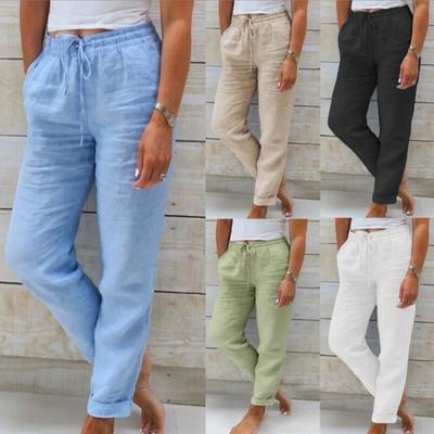 Cotton Linen Summer Pants for Women High Waist Elastic Casual Trousers Streetwear Solid Female Clothes  Loose Pencil Pants