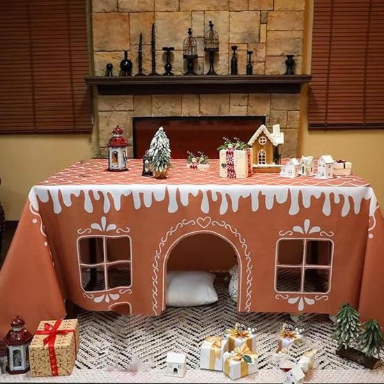 Gingerbread House Christmas Tablecloth Reusable Washable Gingerbread Playhouse Table Cover with Playful Cut-Out Windows for Dining Room Kitchen Party