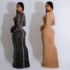 Women's Fashion Solid Color Mesh Long Skirt Dress with Hot Drilling