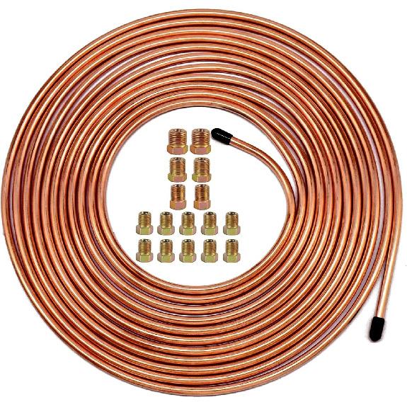 MuHize Upgraded Brake Line Tubing Kit - 25 Ft. Of 3/16 Copper Coated Flexible Tube, Roll 25 Ft 3/16" (Includes 16 Fittings)