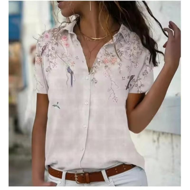 Women Floral 3d Printed Short Sleeve Turn Down Collar Casual Shirt
