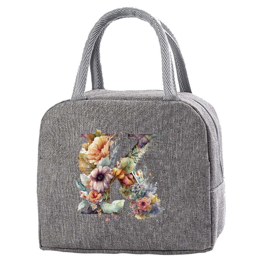 Tragbare Lebensmittelisolierung für Studenten auf Reisen Blumiger Briefdruckbox Picknick Wasserdichter Oxford Reißverschluss Isolier-Lunchtasche