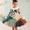 Girls High Neck Long Sleeve White Base Abstract Printed A Line Flared Dress With Fuzzy Trim And Bow