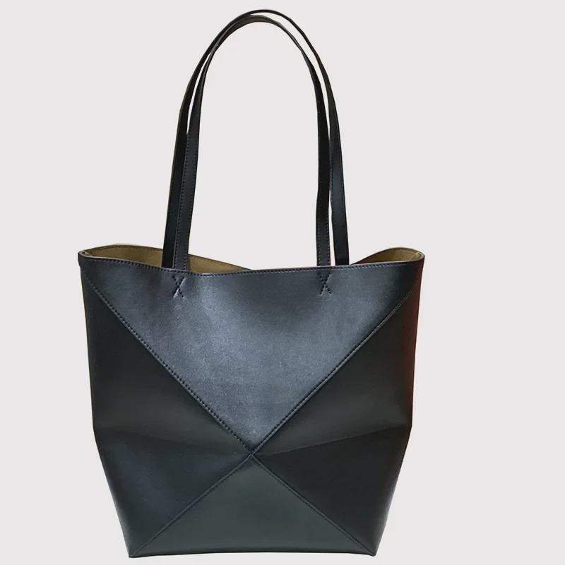 2023 Genuine Leather Convertible Geometric Tote: Large Capacity Shoulder, Crossbody, or Hand-Held Bag