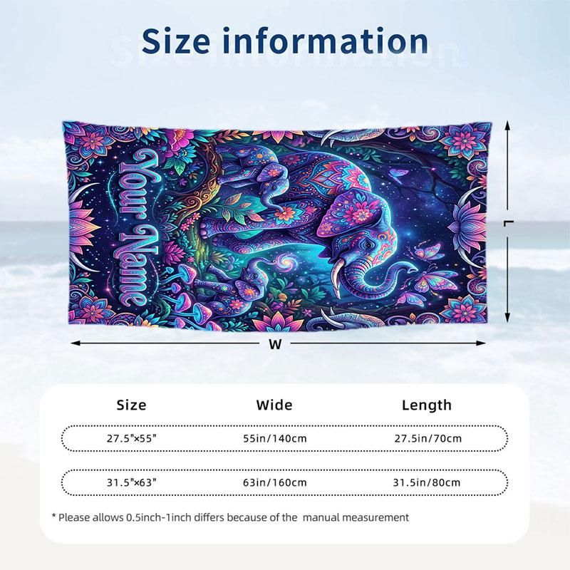 Elephant Theme Beach Towel Personalized Custom Name & Text Soft Quick Dry Beach Towel for Swimming Travel