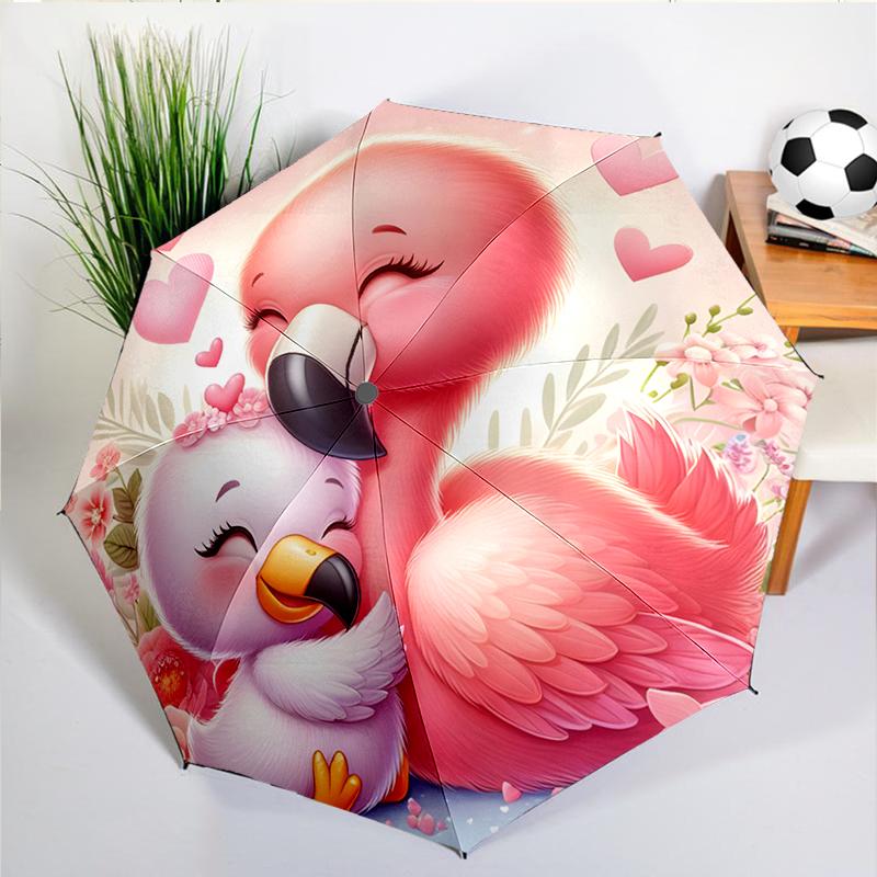 Cartoon Rosa Flamingo Regenschirm Automatisches Öffnen/Schließen, Stabiler Eisenrahmen & 8-Rippen-Struktur, Regenschirm für Damen & Herren, Weihnachtsgeschenke