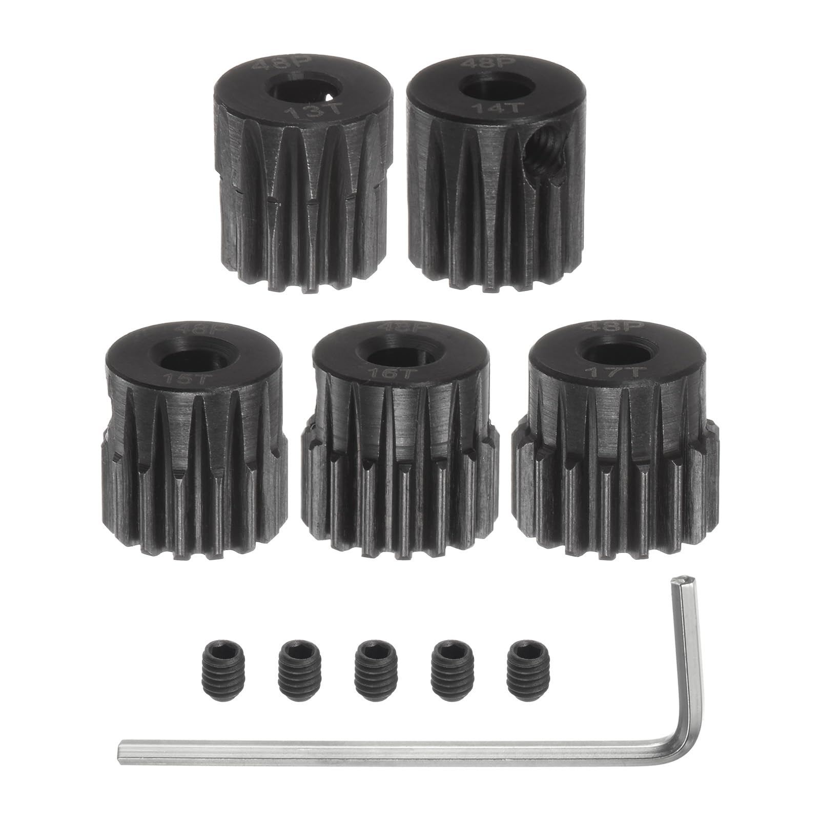 

uxcell 48P Pinion Gear Set, 3.175mm (18 ) Shaft, 13T, 14T, 15T, 16T, 17T, Motor Gear, Hardened Steel Spur Pinion Gear with Step for RC Car (Set of 5)