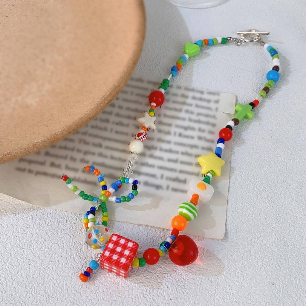 Retro Beaded Jewelry for Women Necklace/Bracelet with Colorful Apples and Star Charm Butterfly Bows Pendant Jewelry