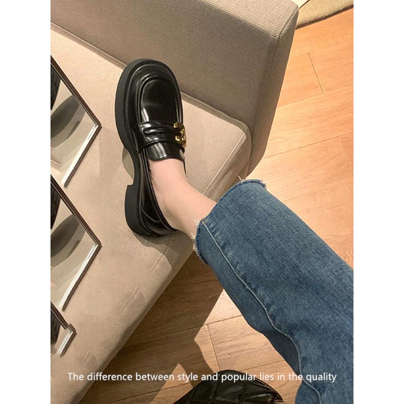 Whole Cowhide~ Loafers Genuine Leather Retro Gold Buckle Thick Sole Thick Heel Loafers Small Leather Shoes Women