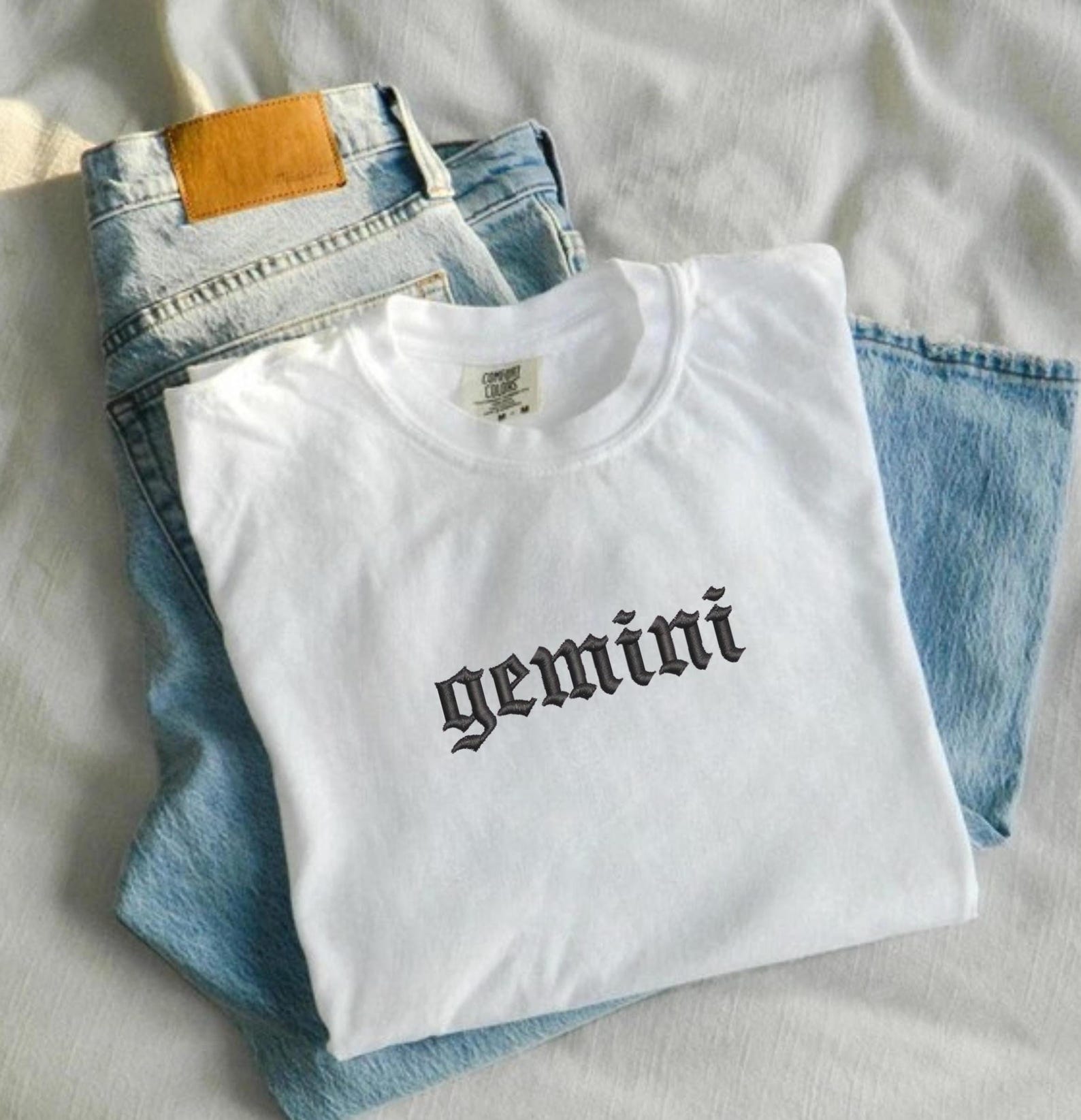 Embroidered Old English Zodiac Sign Shirt | Gemini | Comfort Colors L