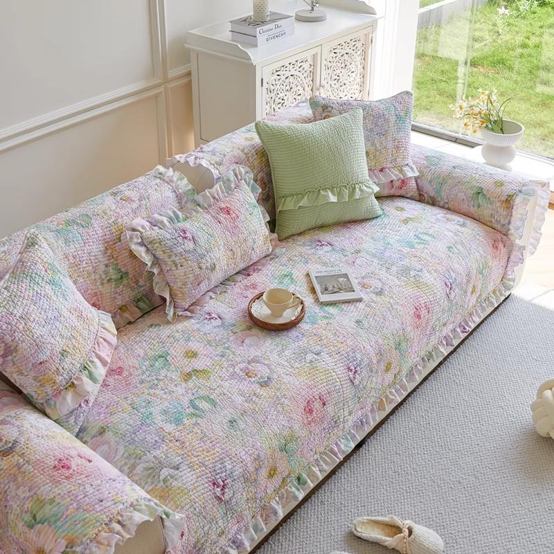 Cotton Removable Pastoral Flower Sofa Cover, Non-Slip And Anti-Grab Quilting Pad, Bay Window Sofa Towel, Universal Sofa Cloth For All Seasons
