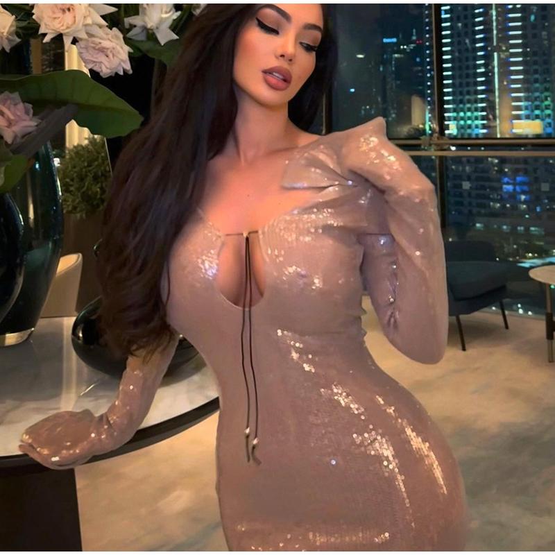 Дамское женское сексуальное длинное сетчатое платье с пайетками и разрезом по талии — фото 6