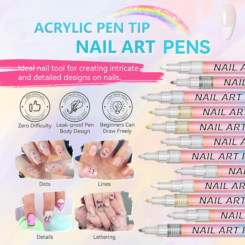 12-Color Professional Nail Art Pen Set DIY Nail Art Pens Line Drawing and Detailing Tools for Manicure Nail Designs