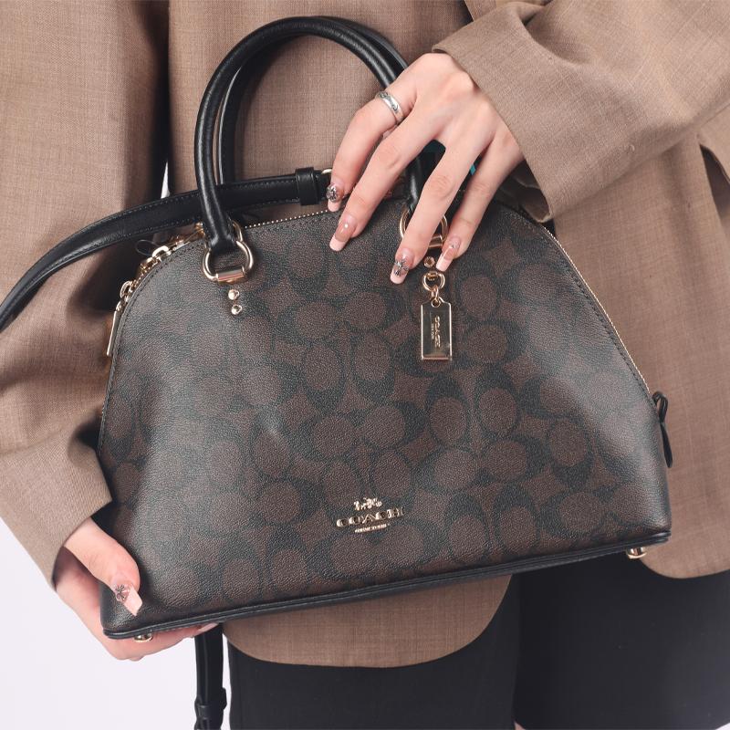Coach Katy 30 Monogram Print Leather Shell Bag Women Handbags Dark-Brown 2558-IMAA8