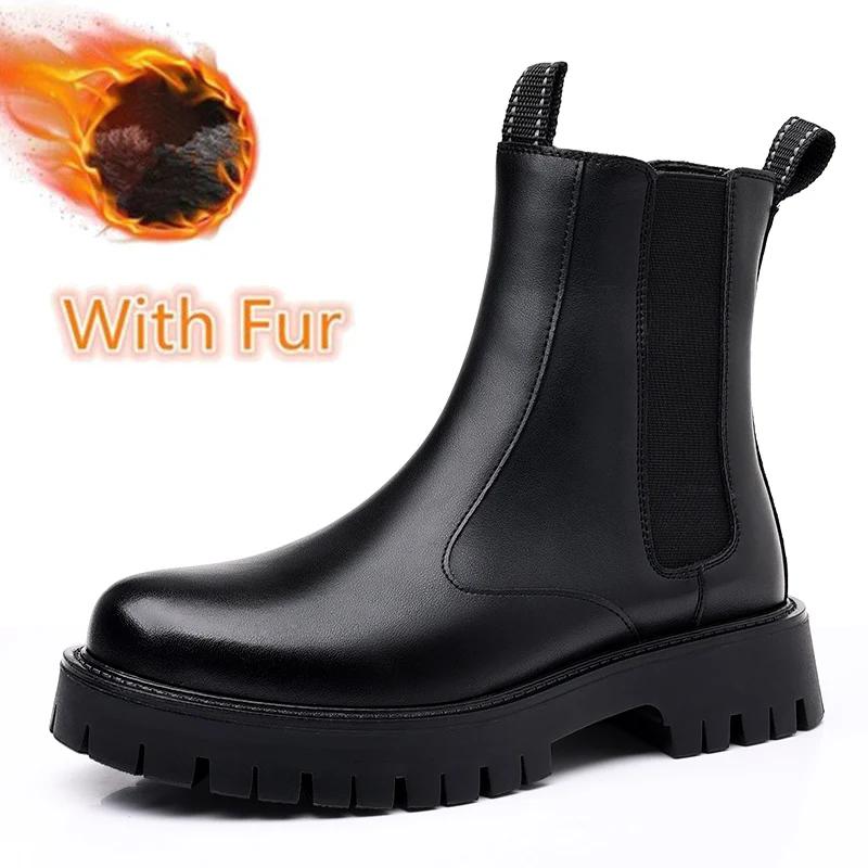 Fashion Hot Sale Fashion Mens Chelsea Boots Warm Plush Fur Winter Boots for Men High Top Male Platform Shoes British Style Ankle Boots