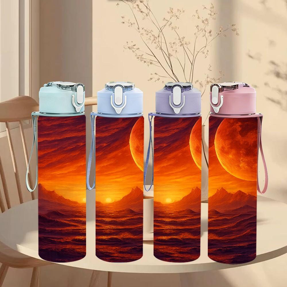 1PC Sunset Planet Cosmic Landscape Print 750ml Color Plastic Sports Water Bottle Leakproof Flip Straw Lid Suitable for Sports Office Home Use