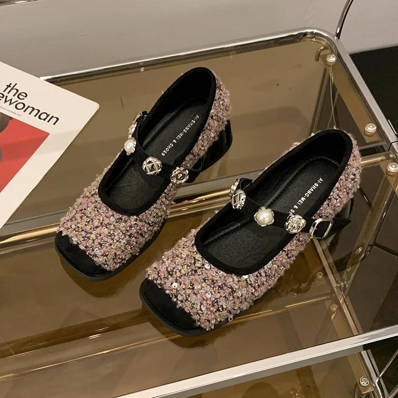 Projektanckie Wiosenne Buty Mary Jane z Cekinami dla Kobiet Modne Płytkie z Kwadratowym Noskiem Eleganckie Czółenka Ślubne na Przyjęcie