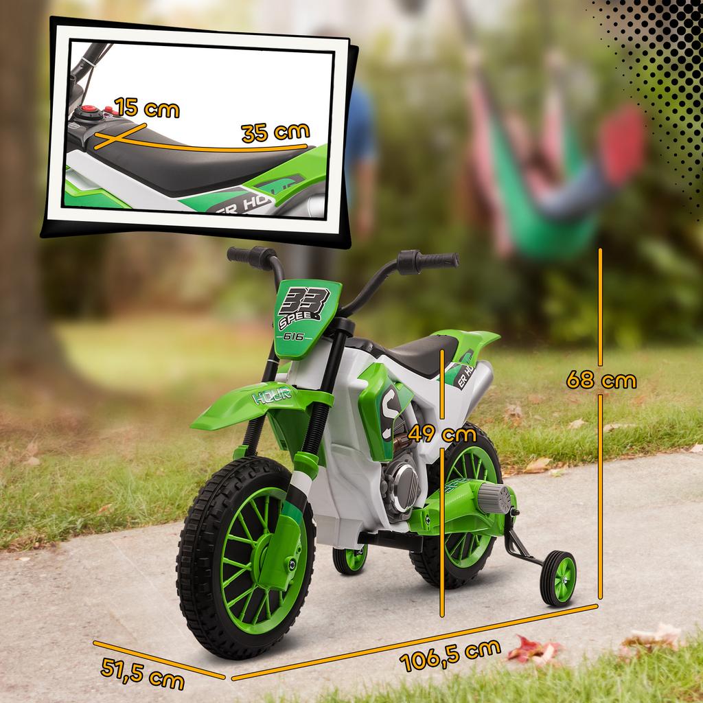 Moto per Bambini, Moto Elettrica, Autonomia 45 Minuti, con Rotelle di Supporto, da 3 Anni, Verde+Bianco, 106,5 x 51,5 x 68cm
