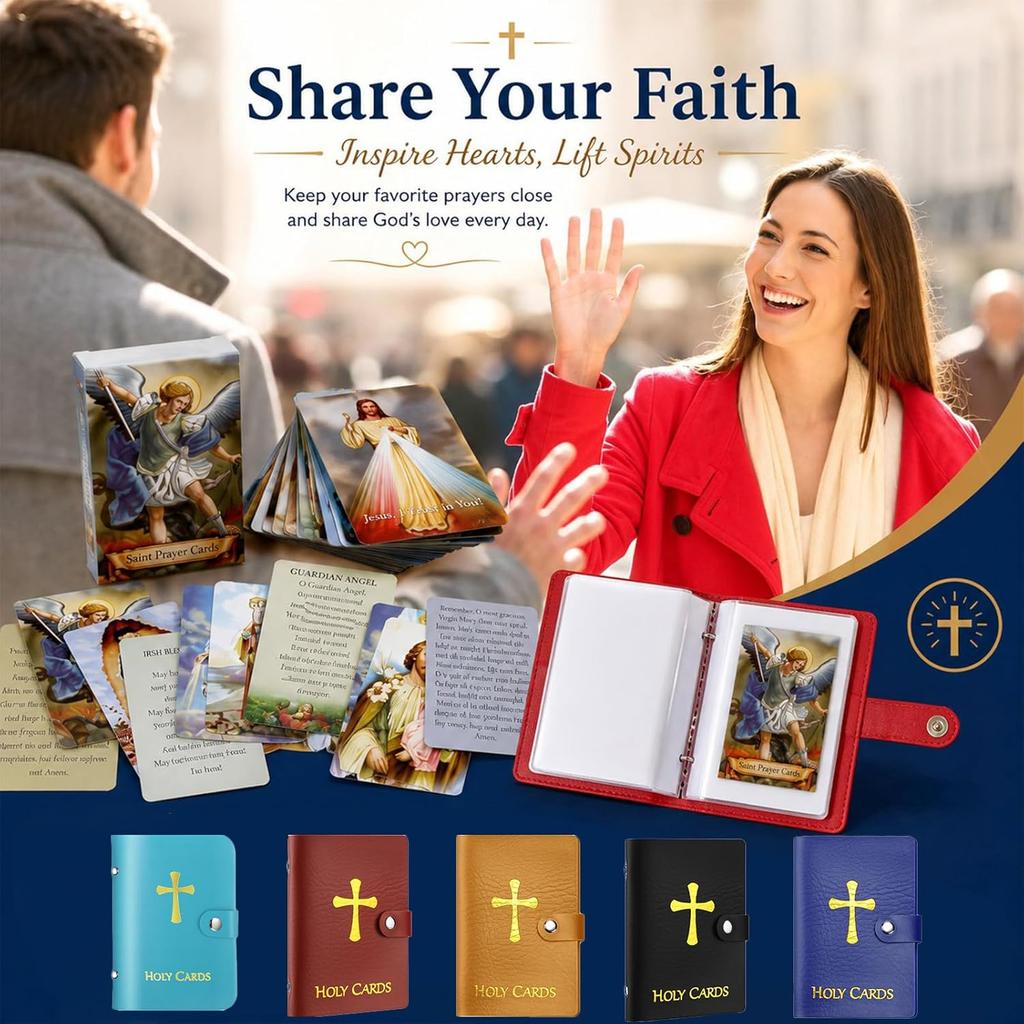 54 Catholic Prayer Card Set with Genuine Leather Holder Pocket Holy Card Organizer for Mass Daily Prayer & Religious Gifts