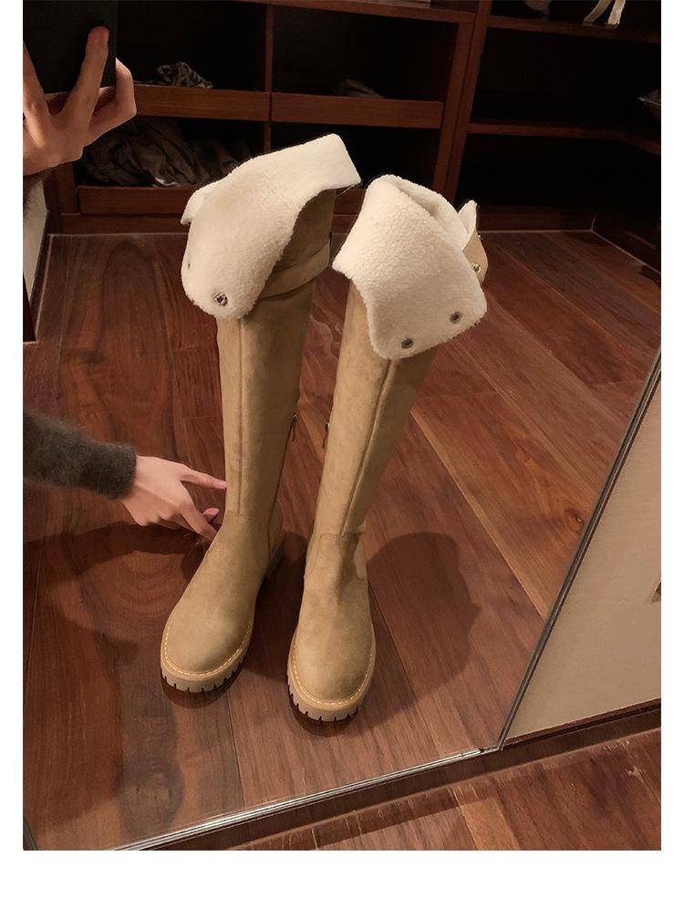 Grape Mother of the Same Style, Over-knee Knight Boots, Thick Velvet Lamb Wool High Boots, Autumn and Winter Leather Thick Heel Flanged Boots