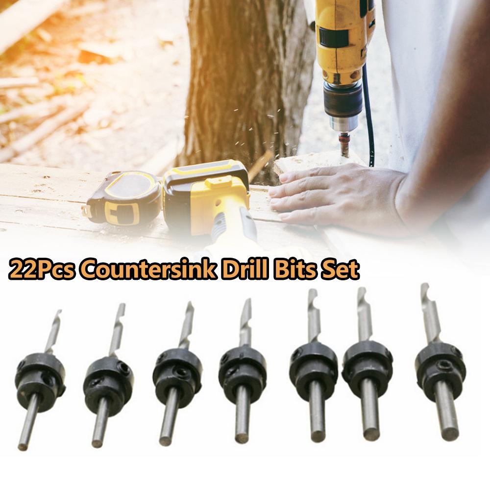 

22Pcs Countersink дрель Биты с гаечным ключом Установить регулируемые глубины Стоп воротники деревообработки